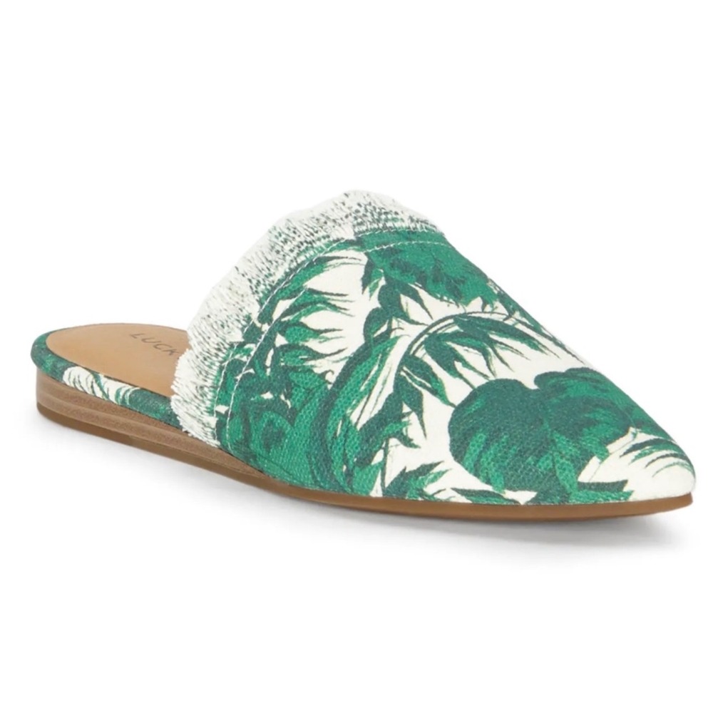 Women's Lucky Brand Bapsee Mule vibrant green white tropical palm leaf print 7.5